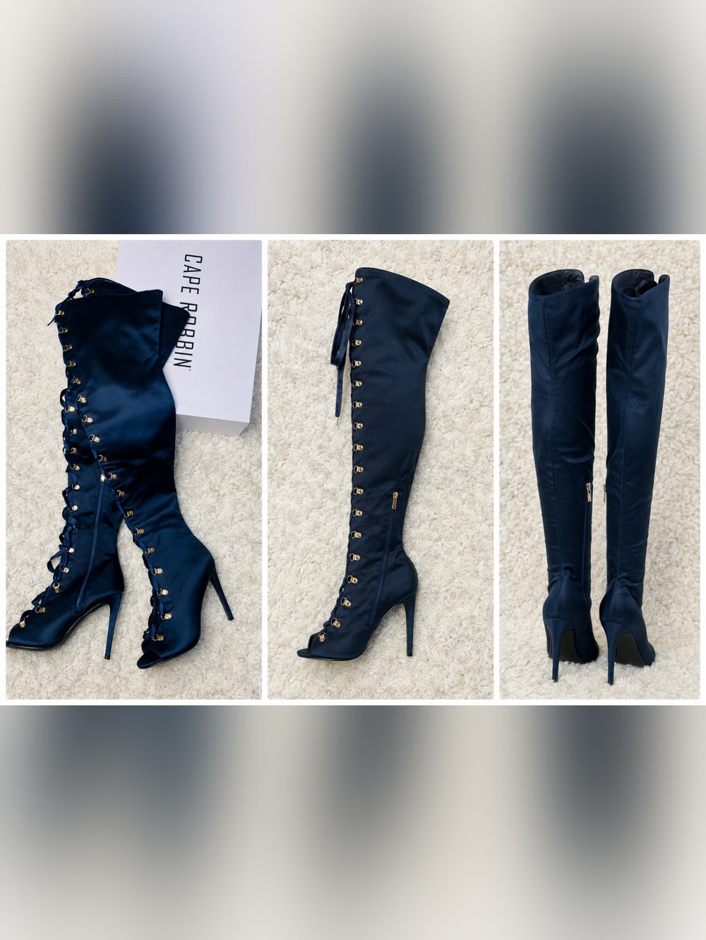 Cape Robbin Navy Satin Thigh High Lace Up Stiletto Boots Peep Toe New In Box